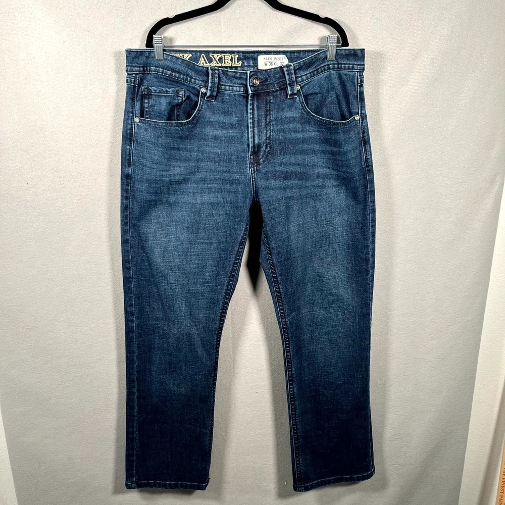 TK Axel Bootcut Jeans Mens 36x32 Blue Denim Cotton Stretch Slim Fit Dark Wash